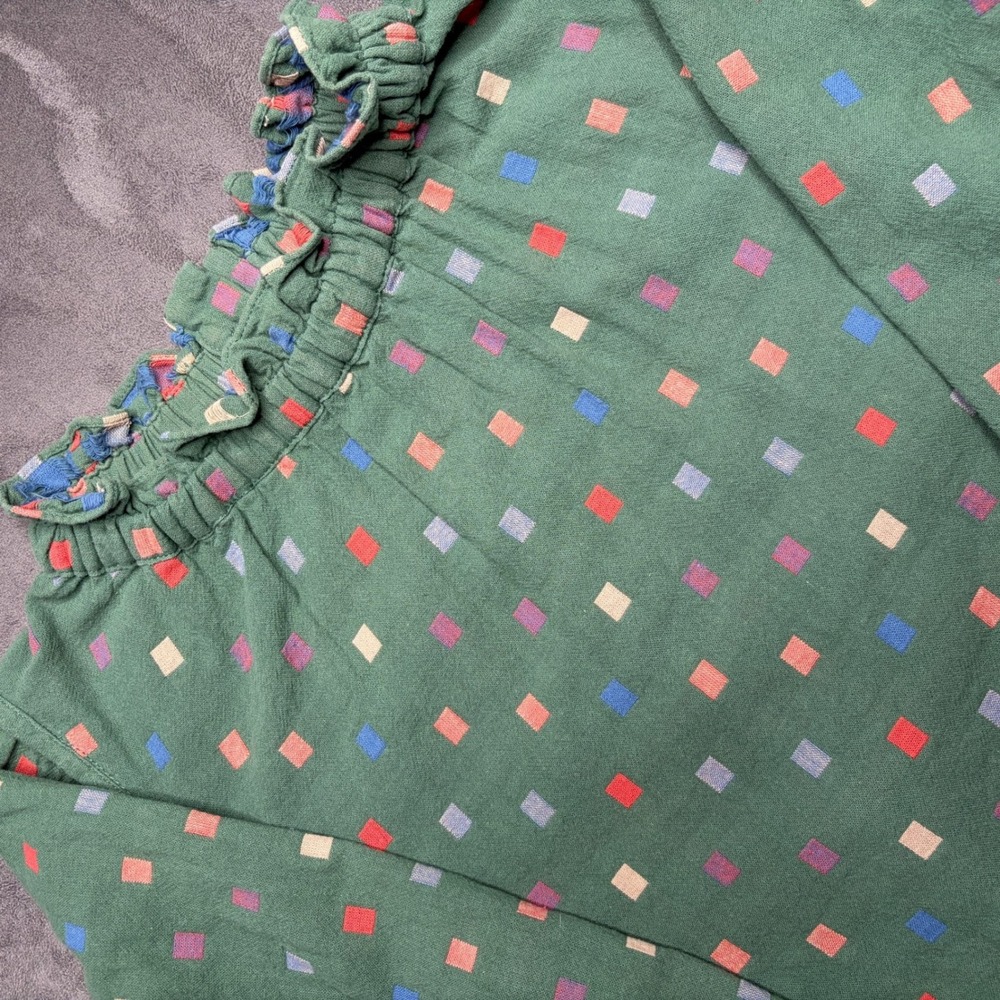 RO & DE Blouse Women Small Green Geometric Ruffle Neck Balloon Sleeve Cotton